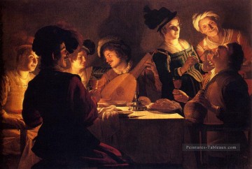 Souper avec le ménestrel et son luth à la chandelle Gerard van Honthorst Peinture à l'huile